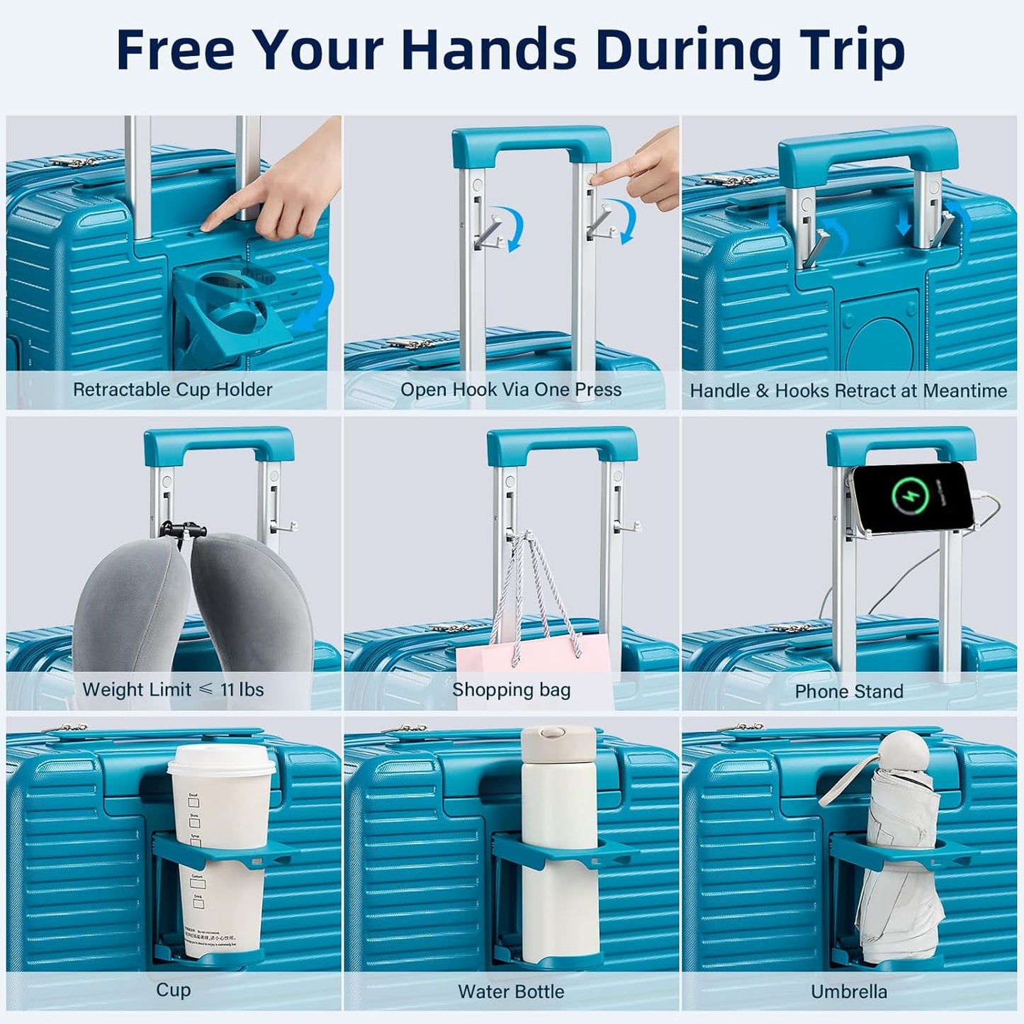 Hard Shell Suitcases Expandable Travel Luggage Sets 2 Piece, Carry on and Check in Luggage Lightweight Suitcase Set 2 Piece with Wheels Cup Holder Charger Built in (Caribbean Blue, 20/28)