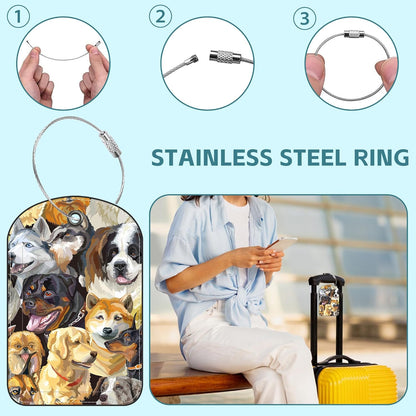 2 Pack Cute Luggage Tag for Suitcases Dogs Breeds Portraits Leather Luggage Tags with Stainless Steel Loop Privacy Flap Name Tags,Men and Women Travel Bag Suitcase Tags