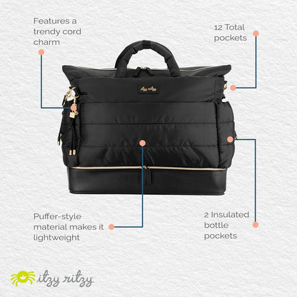 Itzy Ritzy Dream Weekender Travel Bag – Lightweight Overnight Bag with Base Compartment, 12 Pockets, Bottle Holders & Strap