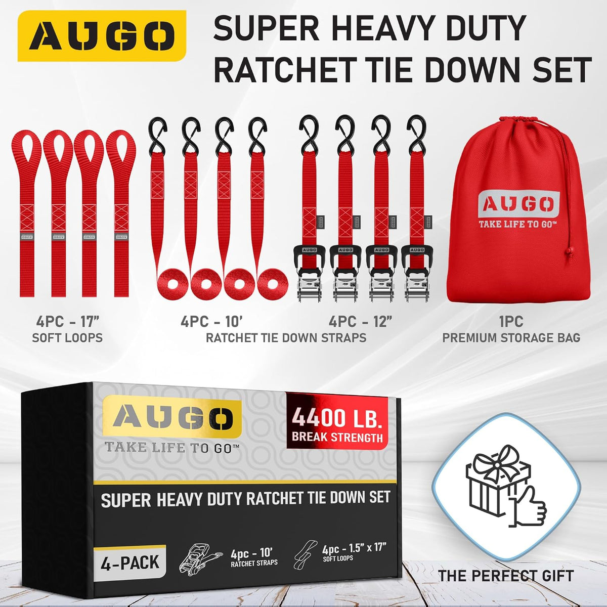 AUGO Heavy Duty Ratchet Straps & Soft Loops – Pack of 4 Extra Strong 1.5” by 10’ Ratchet Straps w/S-Hook Safety Latches & 4 Soft Loop Tie Downs – 4400Lb Break Strength for Motorcycles, ATVs, Etc.