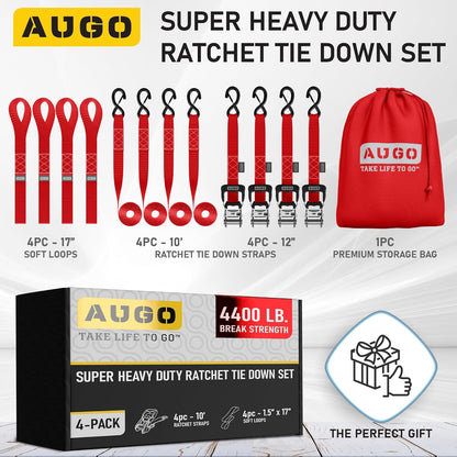 AUGO Heavy Duty Ratchet Straps & Soft Loops – Pack of 4 Extra Strong 1.5” by 10’ Ratchet Straps w/S-Hook Safety Latches & 4 Soft Loop Tie Downs – 4400Lb Break Strength for Motorcycles, ATVs, Etc.