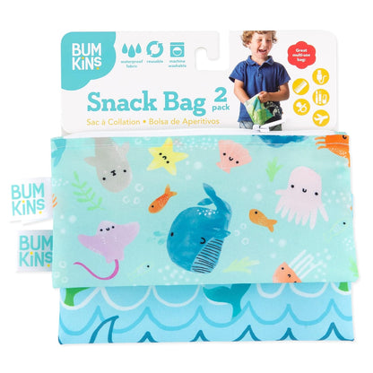 Bumkins Reusable Snack Bags, for Kids School Lunch and for Adults Portion, Washable Fabric, Waterproof Cloth Zip Bag, Supplies Travel Pouch, Food-Safe Storage, 2-pk Blue Ocean Life