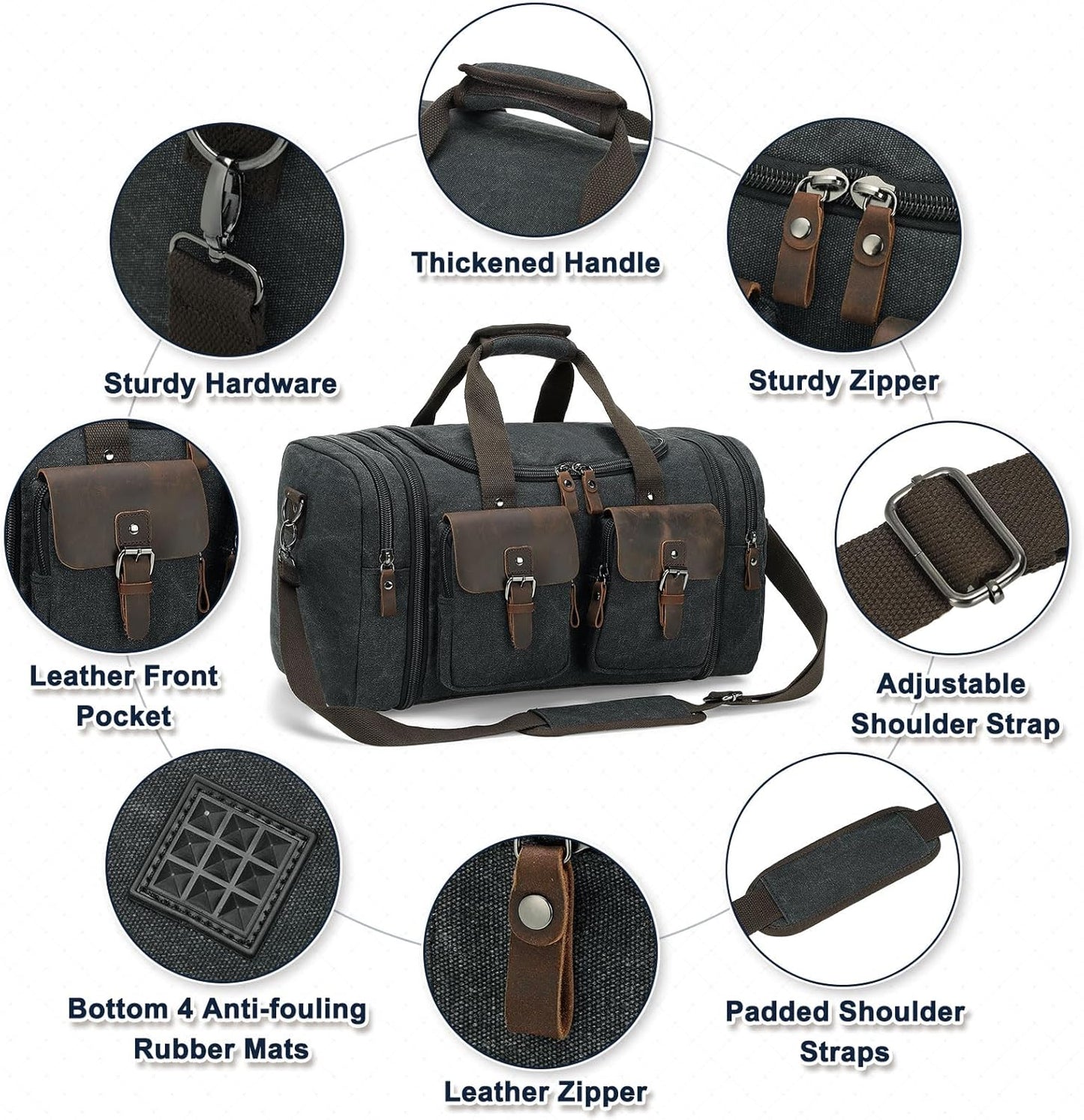 Canvas Duffle Bag with Genuine Leather Accents, Expandable 20-23 Inch Travel Weekender, Multiple Pockets, Black