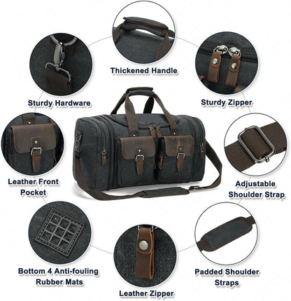 Canvas Duffle Bag with Genuine Leather Accents, Expandable 20-23 Inch Travel Weekender, Multiple Pockets, Black