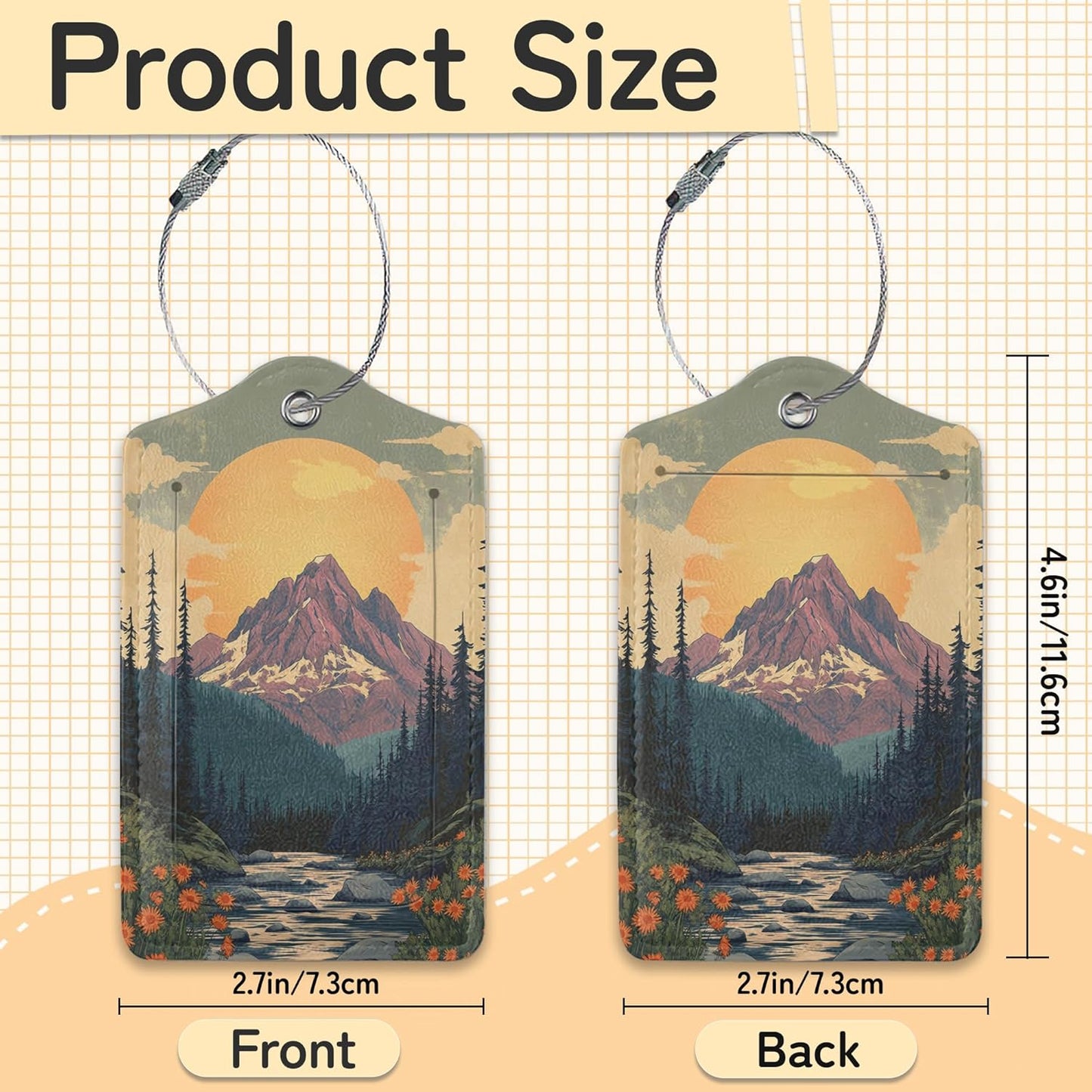 Vintage Mountain Luggage Tag for Suitcase,Forest Lake Design with Privacy Flap Name ID Label Metal Loop, 3 Pack