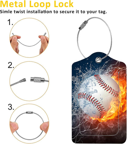 2 Pack Luggage Tags for Suitcases,Baseball Ball on Fire and Water Luggage Tag,PU Leather Id Label Luggage Tags with Stainless Steel Loop and Privacy Cover for Women Men Teens Travel