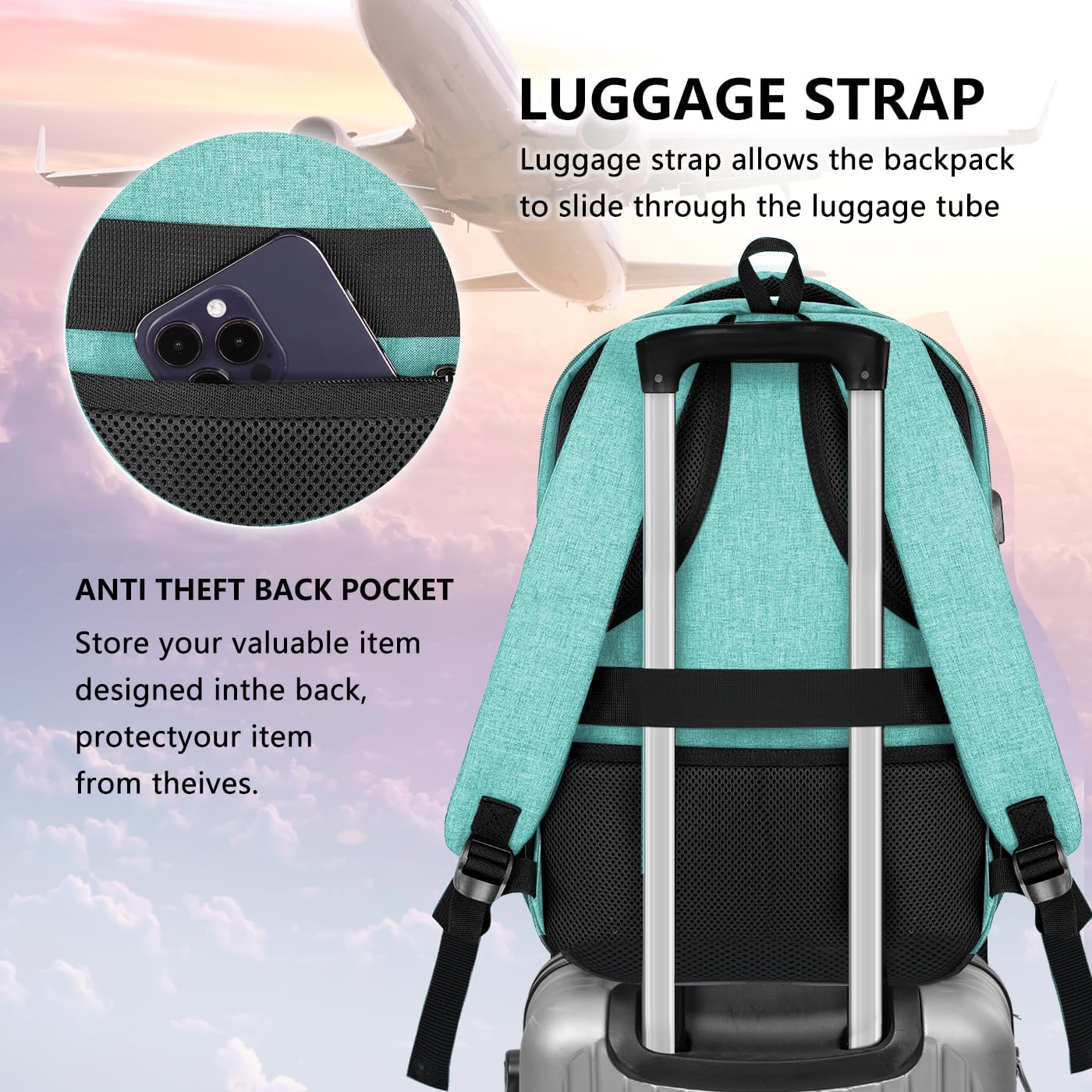 Backpck for Women Men, School backpacks for Girls Teen Boys, 15.6 inch Laptop Back Packs with USB Charger Port, Mochilas for Business, College, Cyan