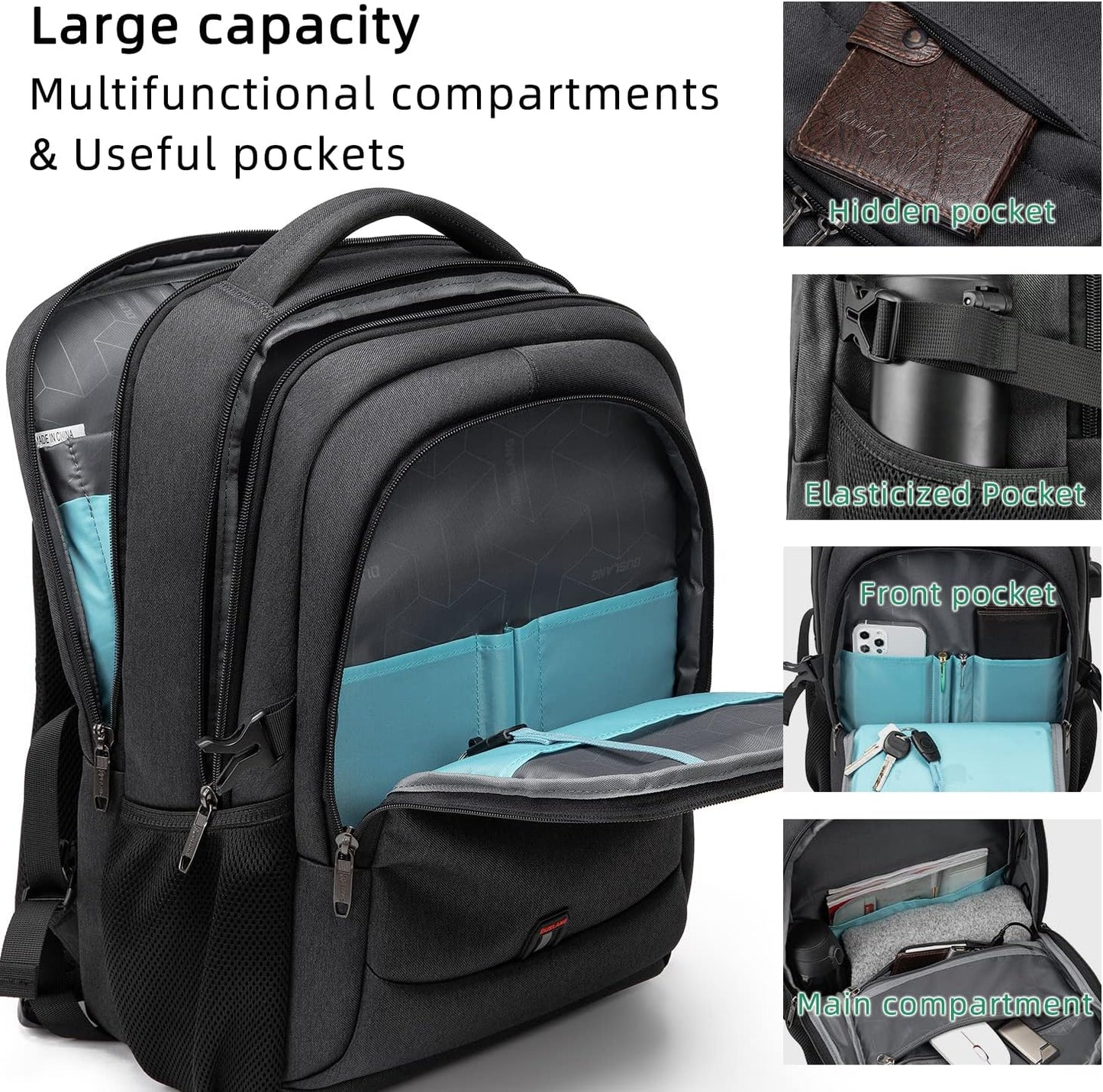 DUSLANG 17 Inch Laptop Backpack for Travel Water Resistant College Bookbag for Men/Women Laptop Bag with USB Charging Port and Tablet Sleeve Bag Compatible Protective Case, Black