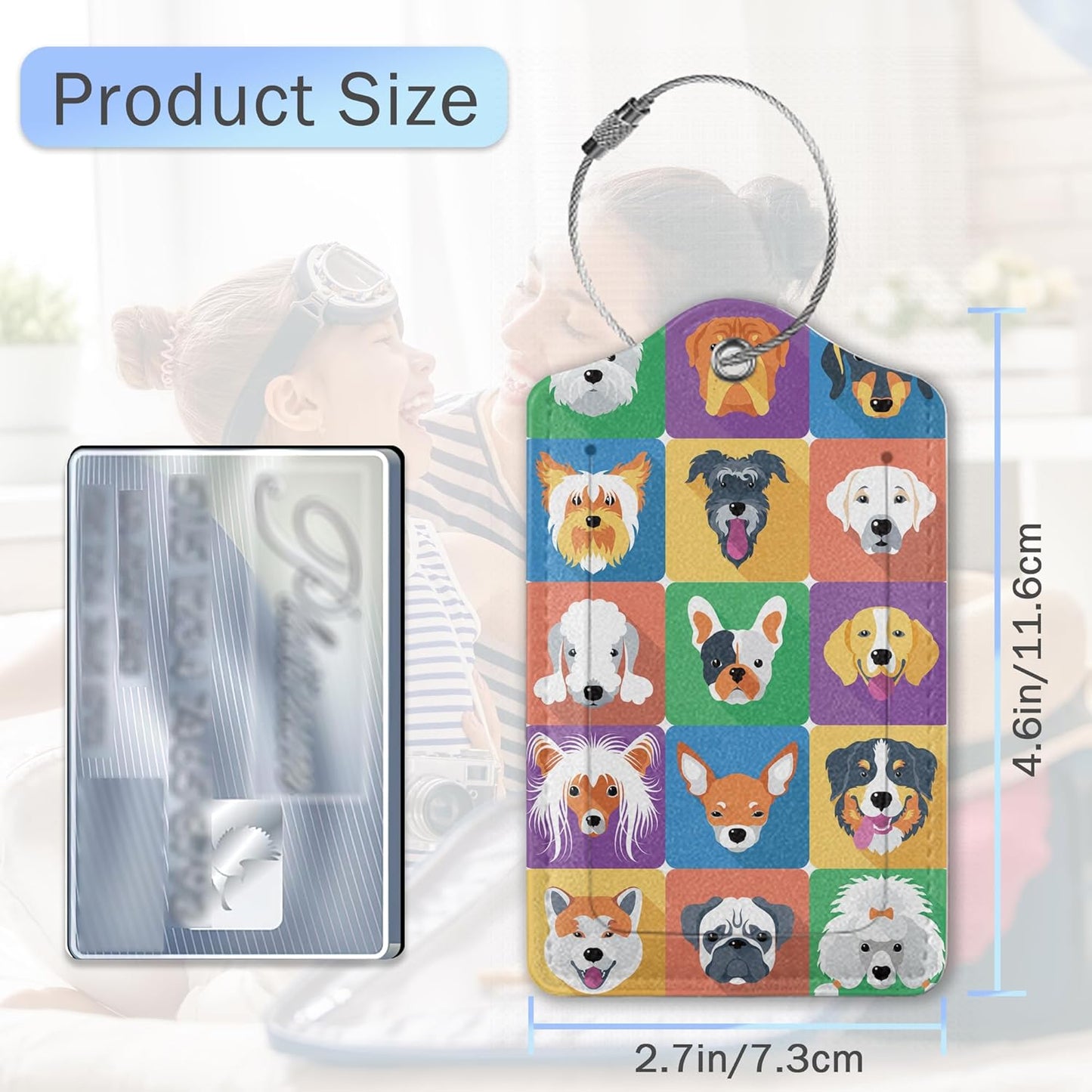 Cartoon Dog Icons Luggage Tags for Suitcase,Cute Dog Breeds Luggage Tags of Set 2 Leather Identifiers Privacy Cover with Stainless Steel Loop for Women Men Travel Bag Suitcase