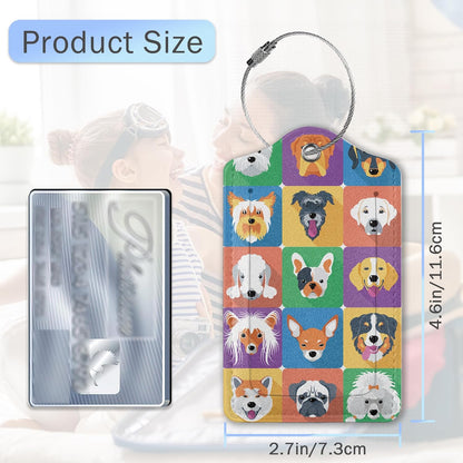 Cartoon Dog Icons Luggage Tags for Suitcase,Cute Dog Breeds Luggage Tags of Set 2 Leather Identifiers Privacy Cover with Stainless Steel Loop for Women Men Travel Bag Suitcase