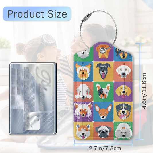 Cartoon Dog Icons Luggage Tags for Suitcase,Cute Dog Breeds Luggage Tags of Set 2 Leather Identifiers Privacy Cover with Stainless Steel Loop for Women Men Travel Bag Suitcase