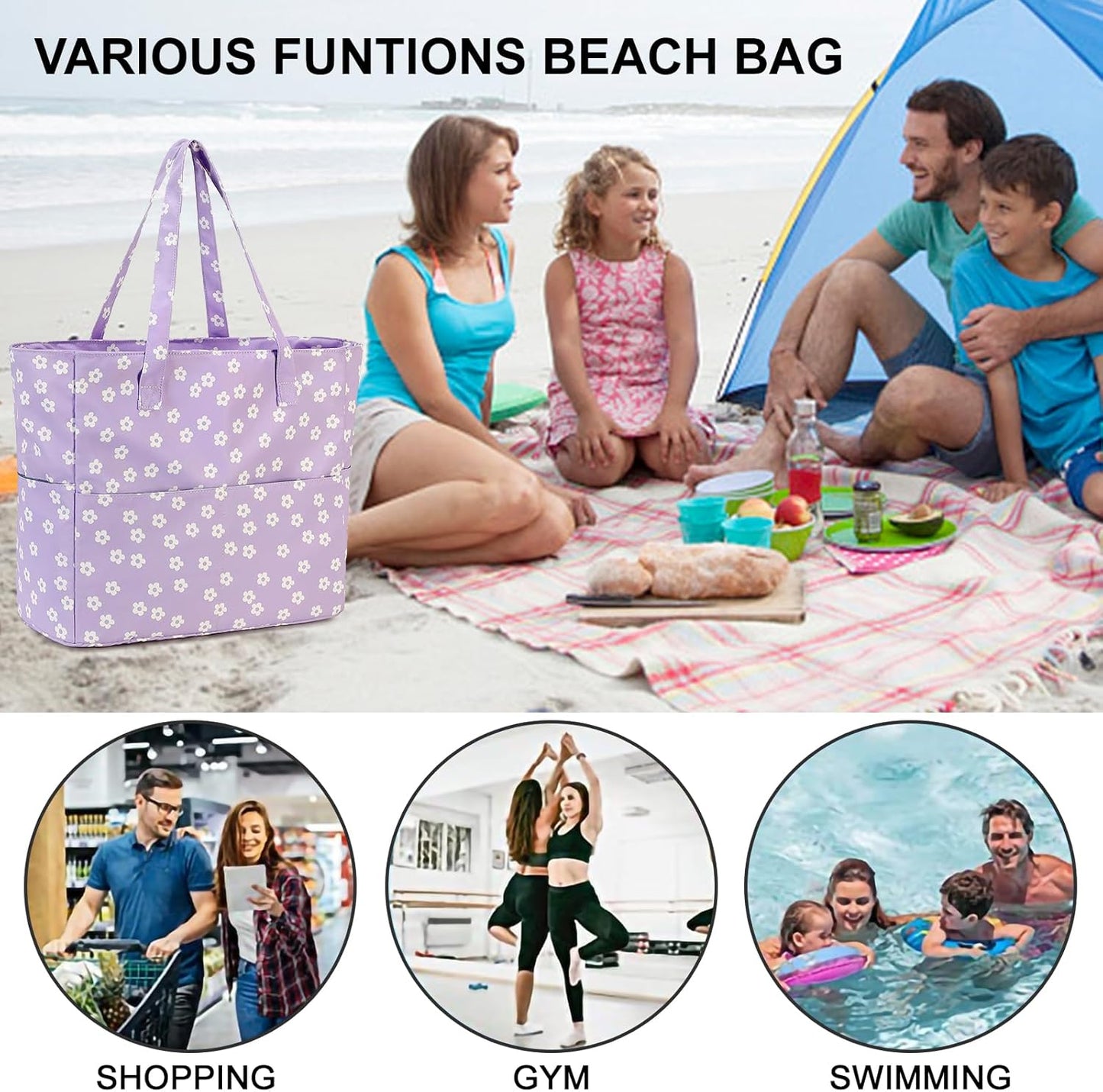 Waterproof Beach Tote Pool Bags for Women Ladies Extra Large Gym Tote Carry On Bag With Wet Compartment for Weekender Travel