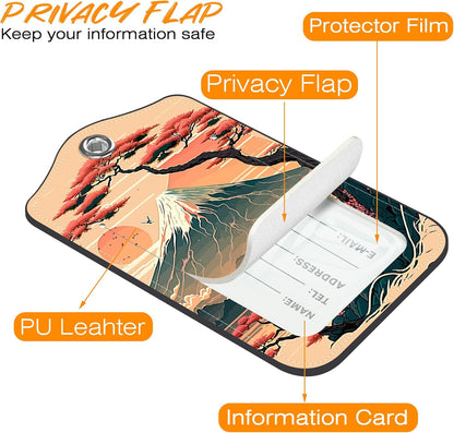 2 Pack Luggage Tag for Suitcase Japanese Mount Fuji and Sea Leather Travel Cruise Luggage Tag with Stainless Steel Loop Name ID Label Privacy Cover for Adults Teens Travel Bag Labels Set