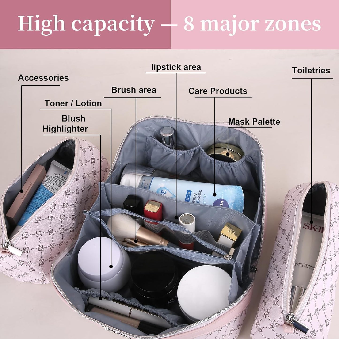 BOYATU Travel Makeup Bag Cosmetic Bags for Women: 3 Pcs Set Portable Make up Bag with Handle - Vegan Leather Toiletry Bags with Compartments - Makeup Organizer for Travel Essentials(01-Pink)