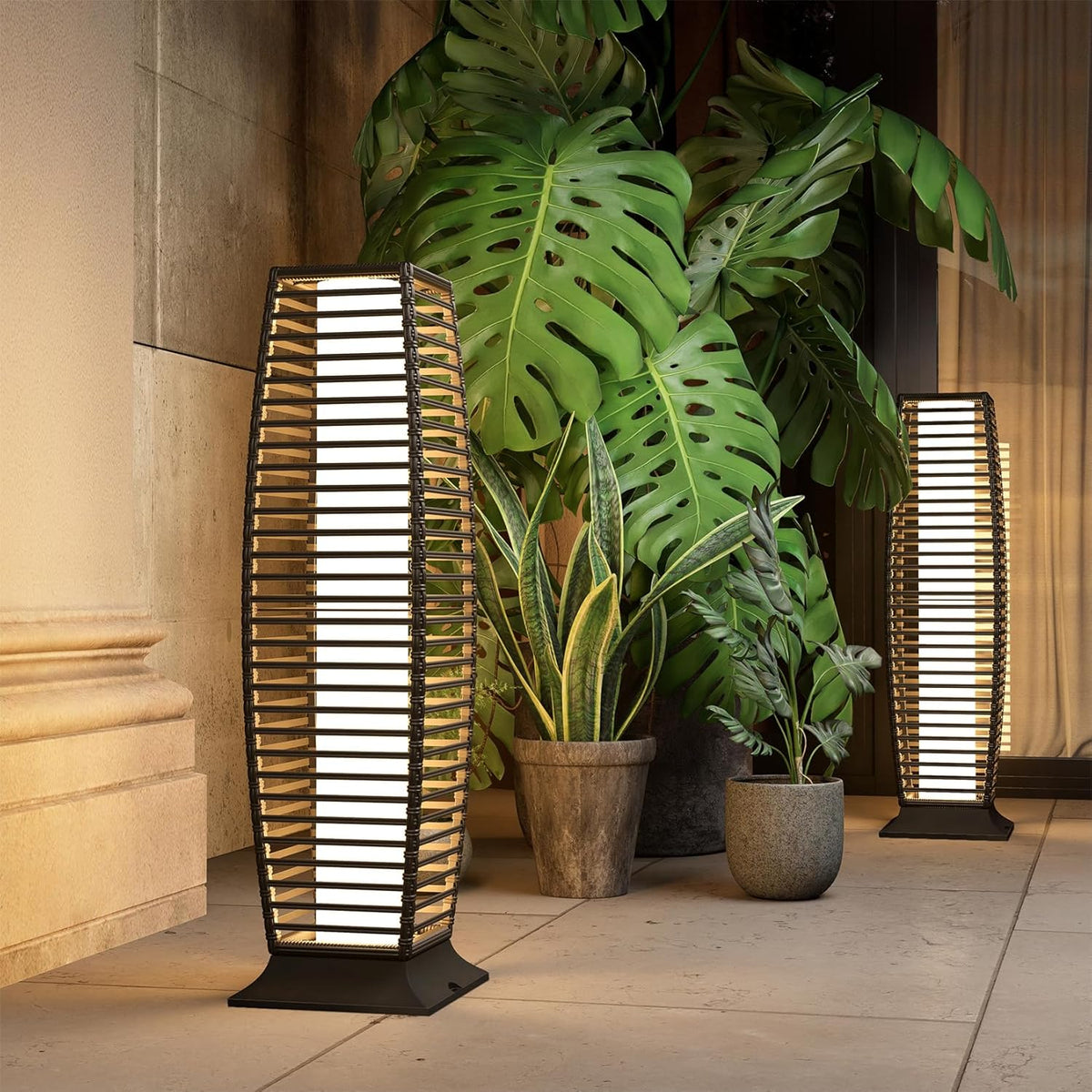 Grand patio Outdoor Floor Lamp Solar Powered Lantern Waterproof Wicker Boho Deck Lights for Garden Porch Decor, Large Crossover
