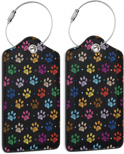 Colorful Paw Print Luggage Tags for Suitcases,2 PackTropical Luggage Tag,Leather Stainless Steel Loop Label Tag for Women Men Girls Travel Bag Suitcase