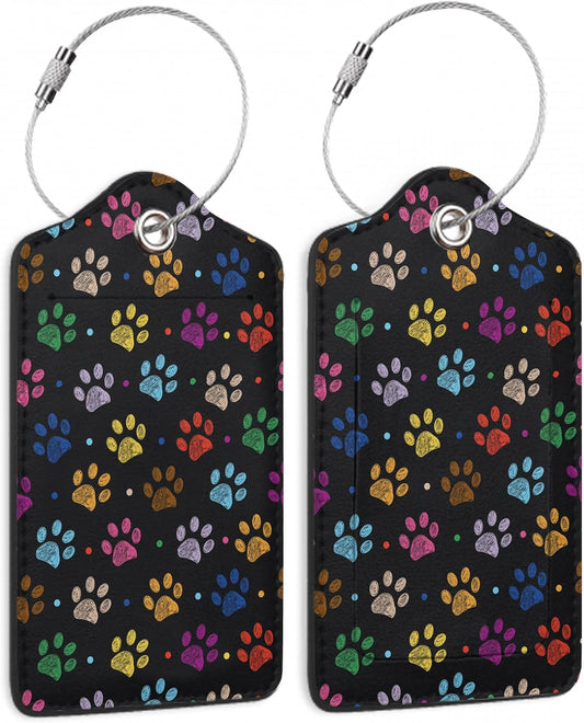 Colorful Paw Print Luggage Tags for Suitcases,2 PackTropical Luggage Tag,Leather Stainless Steel Loop Label Tag for Women Men Girls Travel Bag Suitcase