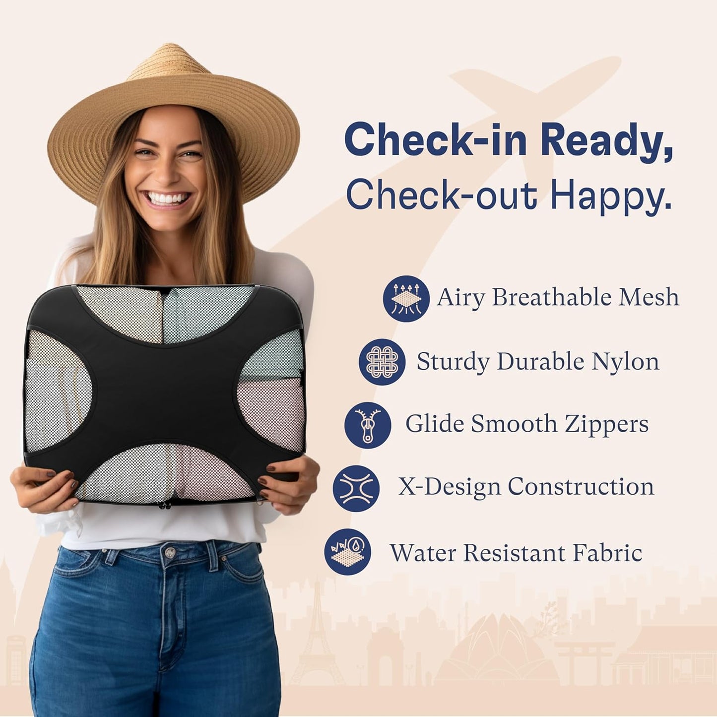 Shacke Premium 8 Packing Cubes Set - Lightweight Mesh Travel Luggage Organizers with Laundry Bag, 8-Piece Suitcase Storage System (Black)