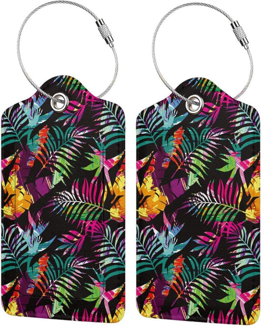 2 Packs Colorful Palms Crew Luggage Tag for Adult Kids, Tropical Flavour Suitcase Tag Labels Leather Travel Baggage Identifiers Tags