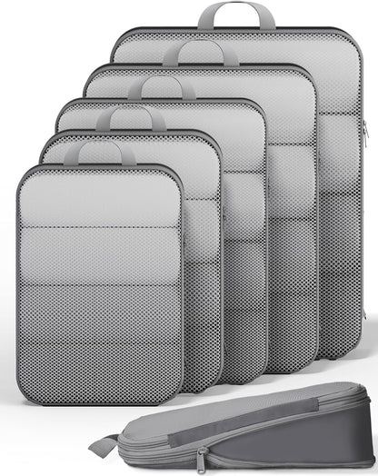 Veken 6/9/11 Set Compression Packing Cubes for Travel Essentials,Compressible Expandable Large Luggage Suitcase Organizer Bags for Clothing,Durable Space Saver Storage Bags(Gray)