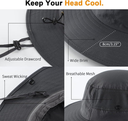 Home Prefer UPF50+ Mens Sun Hat Wide Brim Womens UV Protection Beach Bucket Hat for Fishing Hiking Snap Up Cowboy Hat