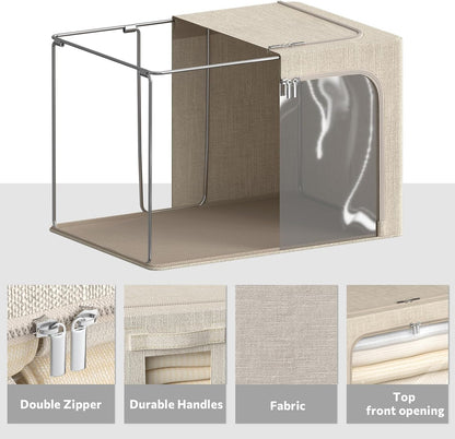 4 Pack Clothes Storage Bins with Metal Frame - Linen Fabric Foldable Stackable Container Organizer Set with Clear Window & Carry Handles & Zippers (Beige, 23.6"x16.5"x15.7")