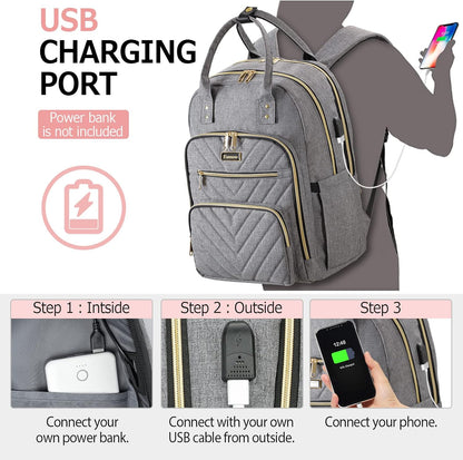 Laptop Backpack for Women Men, School Backpacks for Teens Girls Boys, 17.3 Inch Work Laptop Bag with USB Port Charging, Water Resistant College Bookbags for Girls, Grey