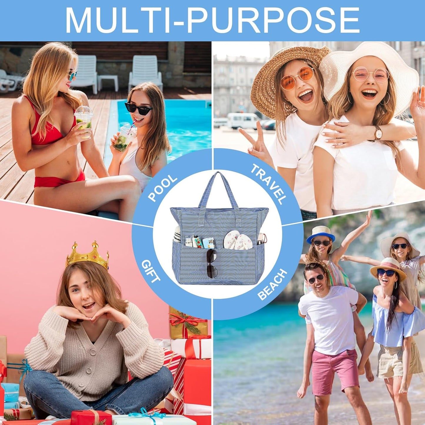 Waterproof Beach Tote Pool Bags for Women Ladies Extra Large Gym Tote Carry On Bag With Wet Compartment for Weekender Travel