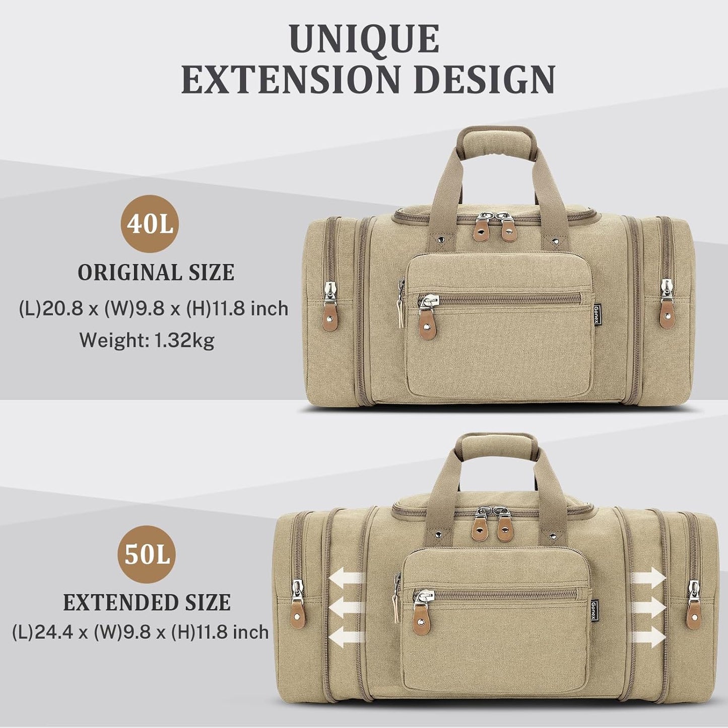 Gonex Canvas Duffle Bag for Travel 50L Expandable Duffel Weekend Overnight Bag (Khaki)