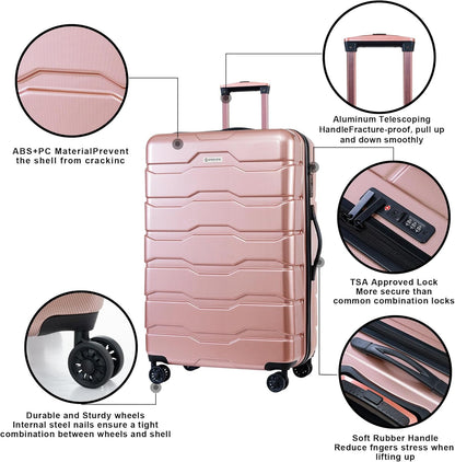 Luggage Set 3 Piece, PC+ABS Lightweight Suitcase Sets with Spinner Wheels, Hard shell Luggage Sets with TSA Lock RoseGold (20/24/28)