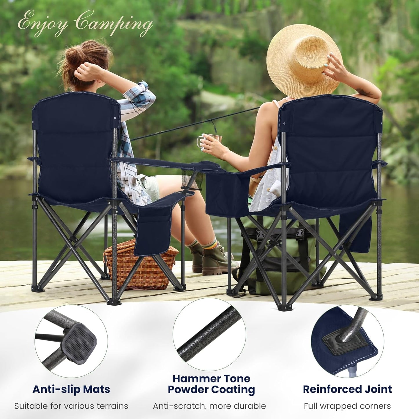 HIGH POINT SPORTS Oversized Portable Camping Folding Chair, Heavy Duty Portable Lawn Chairs, Folding Chairs for Outside with Cup Holder and Cooler Bag for Camp, Travel, Support 450 LBS, 2 Pack,Blue