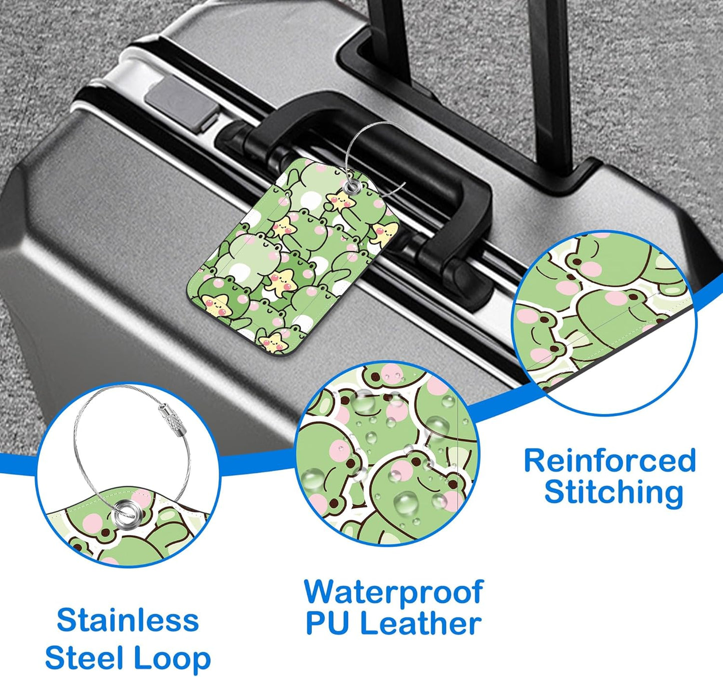 Cute Frog Luggage Tags for Suitcases Leather Travel Tags for Luggage ID Label with Privacy Cover and Stainless Steel Loop for Men Women Suitcase Backpack, Set of 2