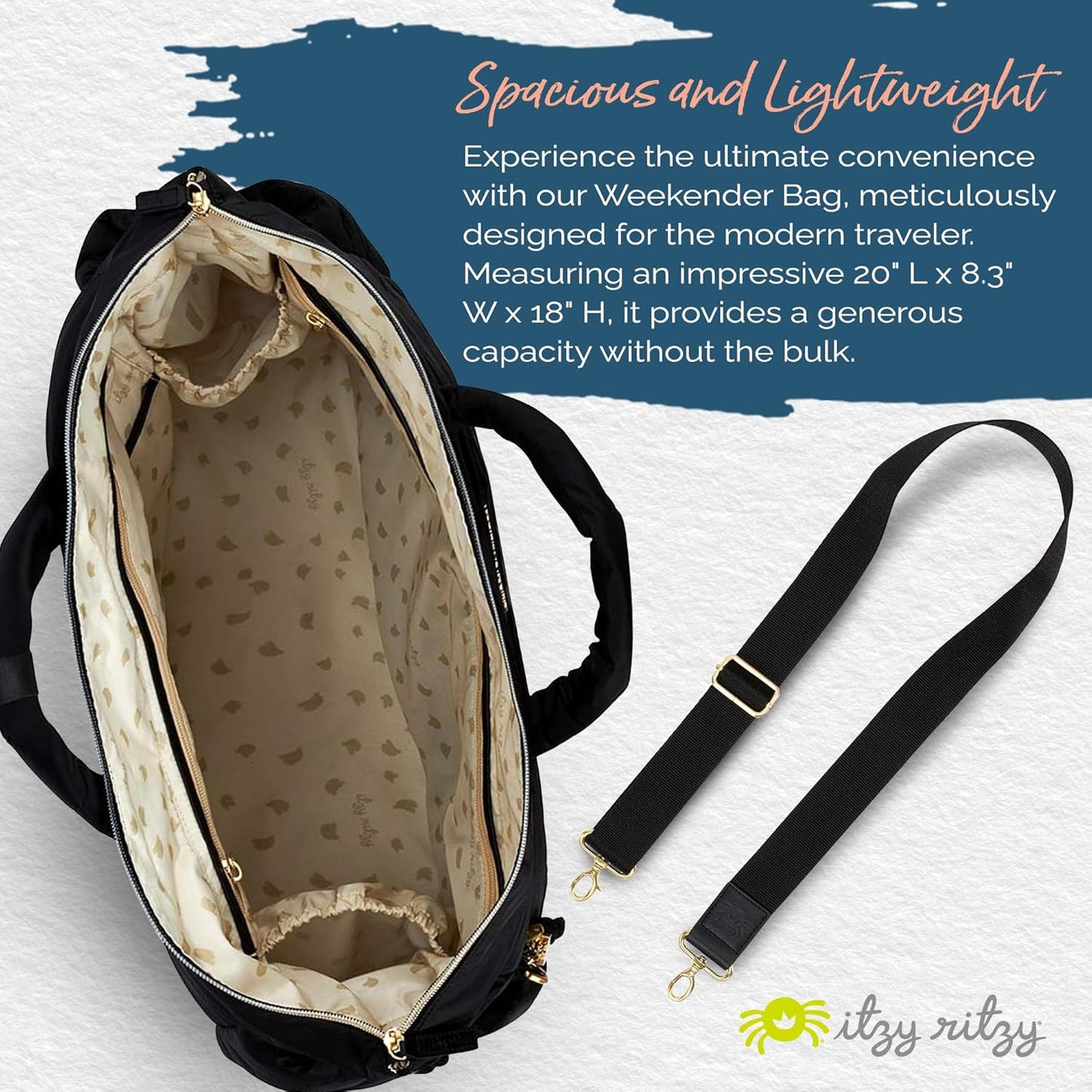 Itzy Ritzy Dream Weekender Travel Bag – Lightweight Overnight Bag with Base Compartment, 12 Pockets, Bottle Holders & Strap