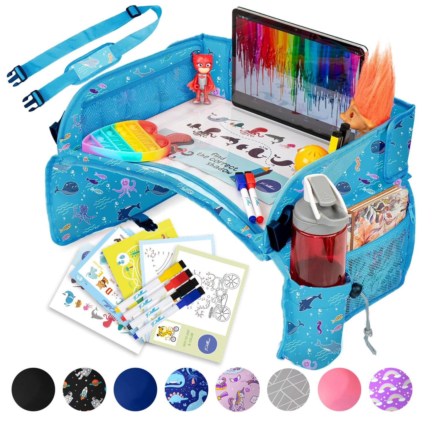 PILLANI Kids Travel Tray for Car - Car Seat Tray for Kids Travel, Road Trip Essentials Must Haves - Carseat Table Roadtrip Activities - Toddler Lap Desk Organizer for Airplane - Kids Travel Essentials