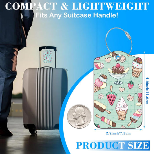 Cute Ice Cream Doole Luggage Tags for Suitcases Leather Travel Tags for Luggage ID Label with Privacy Cover and Stainless Steel Loop for Men Women Suitcase Backpack, Set of 2