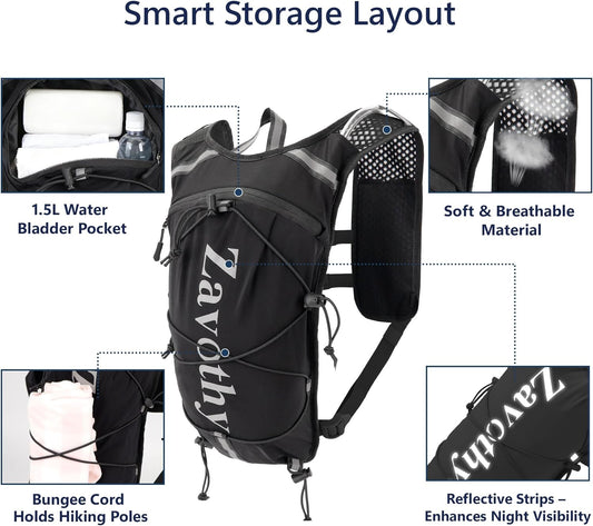 Zavothy Hydration Running Vest for Men & Women – Lightweight 1.5L Hydration Pack with Phone Pockets, Water Bottle Holders, Reflective Strips, Rain Cover – Trail Running, Cycling, Marathon