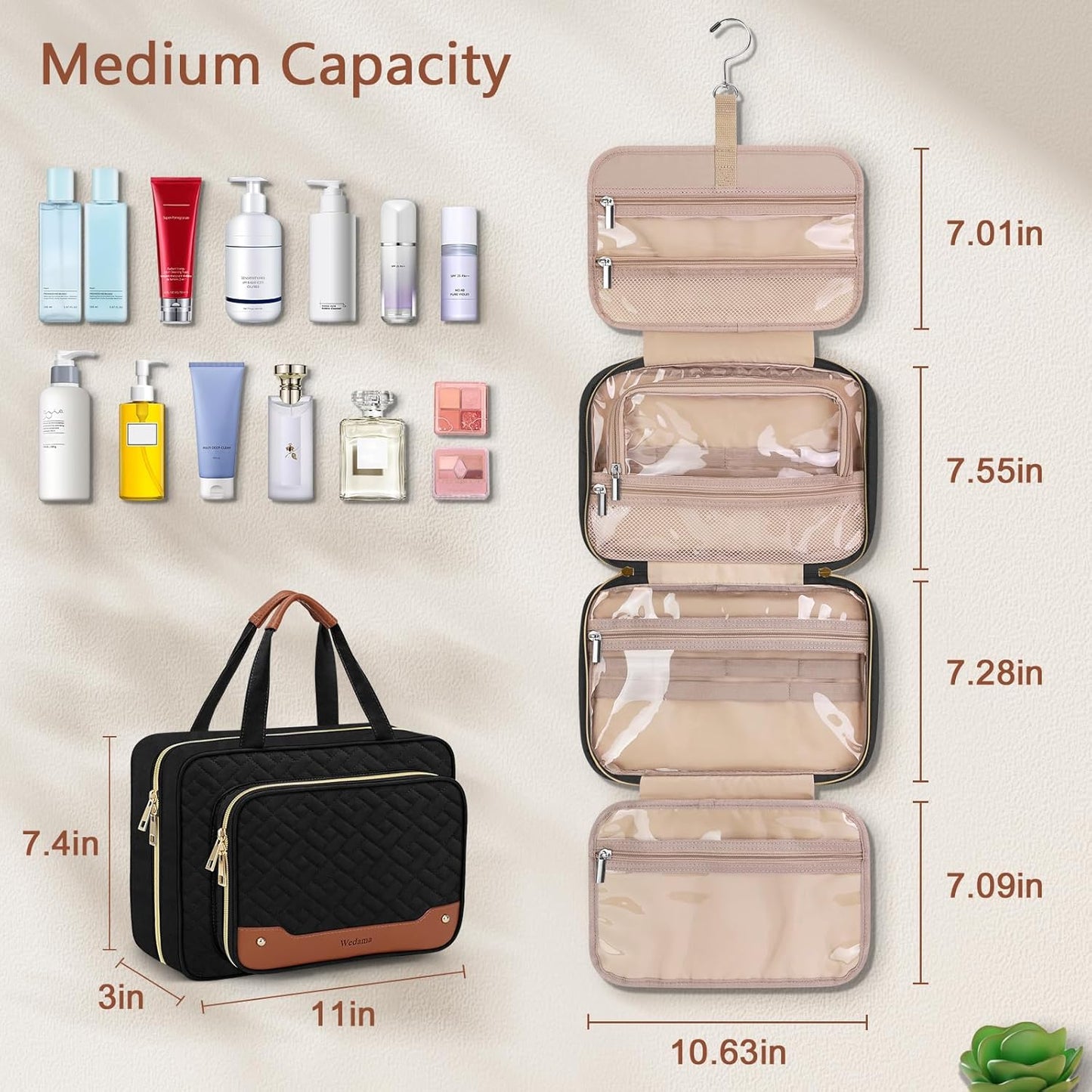 Wedama Toiletry Bag for Women, Hanging Travel Toiletry Bag with Jewelry Organizer Compartment Medium Makeup Bag, PVC Waterproof Cosmetic Travel Bag Trips Camping Bathroom, Black+Brown