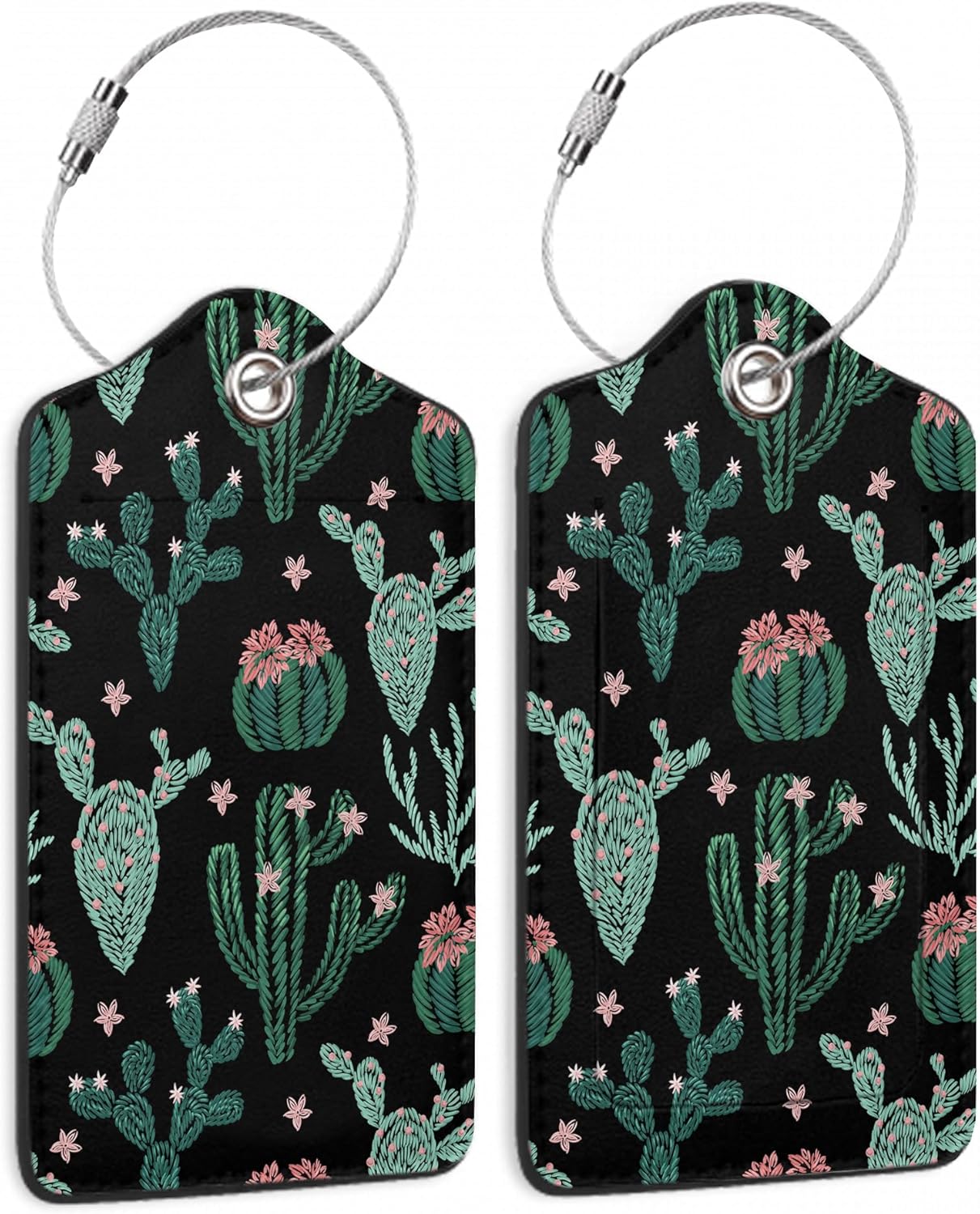 Abstract Cactus Plants Luggage Tag for Suitcase 2 Pcs Unique Leather Suitcase Tags with Full Privacy Cover Stainless Steel Loop for Women Men Travel Baggage Bag Backpack