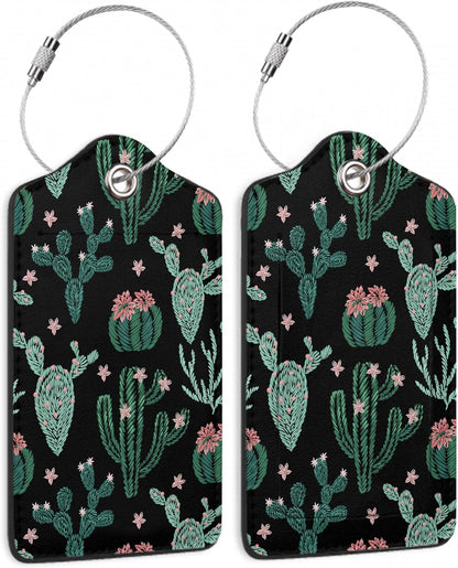 Abstract Cactus Plants Luggage Tag for Suitcase 2 Pcs Unique Leather Suitcase Tags with Full Privacy Cover Stainless Steel Loop for Women Men Travel Baggage Bag Backpack
