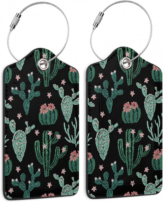Abstract Cactus Plants Luggage Tag for Suitcase 2 Pcs Unique Leather Suitcase Tags with Full Privacy Cover Stainless Steel Loop for Women Men Travel Baggage Bag Backpack