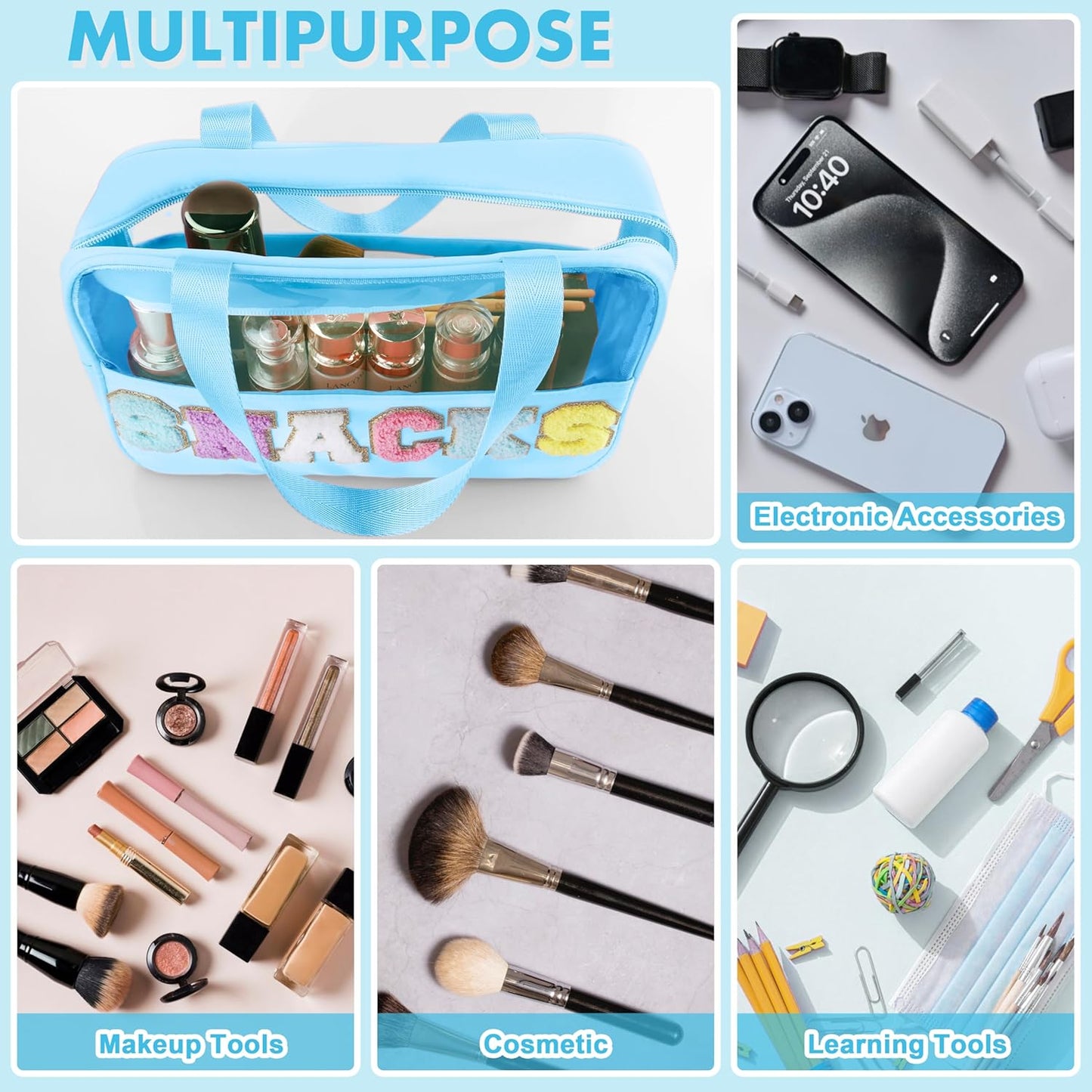 Snack Bag for Travel - Chenille Letter Clear Makeup Bag, Large Preppy Patch Snack Cosmetic Bag with Handle and Zipper, Cute Makeup Pouch Nylon&PVC Waterproof Toiletry Organizer Storage for Women Girls