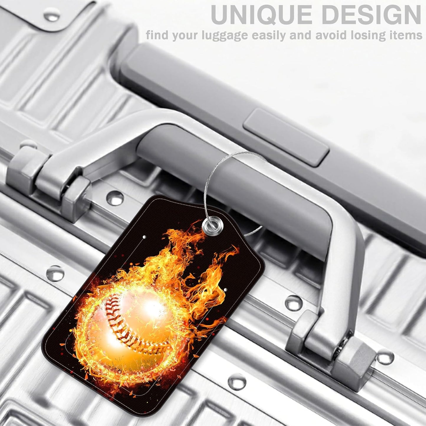 2 Pcs Baseball on Fire Luggage Tags for Suitcases PU Leather Baggage Tags Name ID Label with Privacy Cover and Stainless Steel Loop for Men Women Travel Bag Suitcase