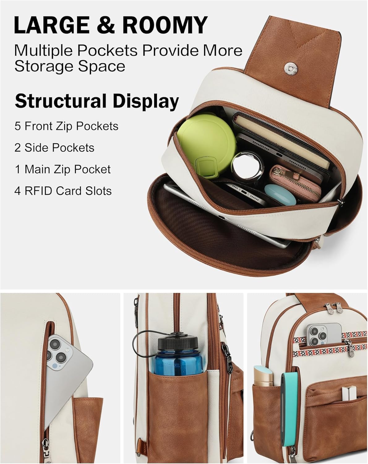 FADEON Large Sling Bag for Women, Leather Crossbody Purse Designer Anti Theft Sling Backpack, RFID Fanny Packs for Travel