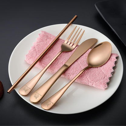 Boulder Bee Travel Utensils | Reusable Camping Cutlery | Stainless Steel Flatware | Portable Silverware Set with Case | Includes Knife/Fork/Spoon/Straw/Cleaning Cloth (Rose Gold)