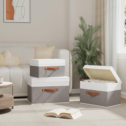 Fabric Storage Bins with Lids, 1 Pack Linen Foldable Cloth Baskets, 15 x 9.8 x 9.8 Inch Closet Organizer Containers with Double Handles, Sweater Boxes for Bedroom, White and Grey