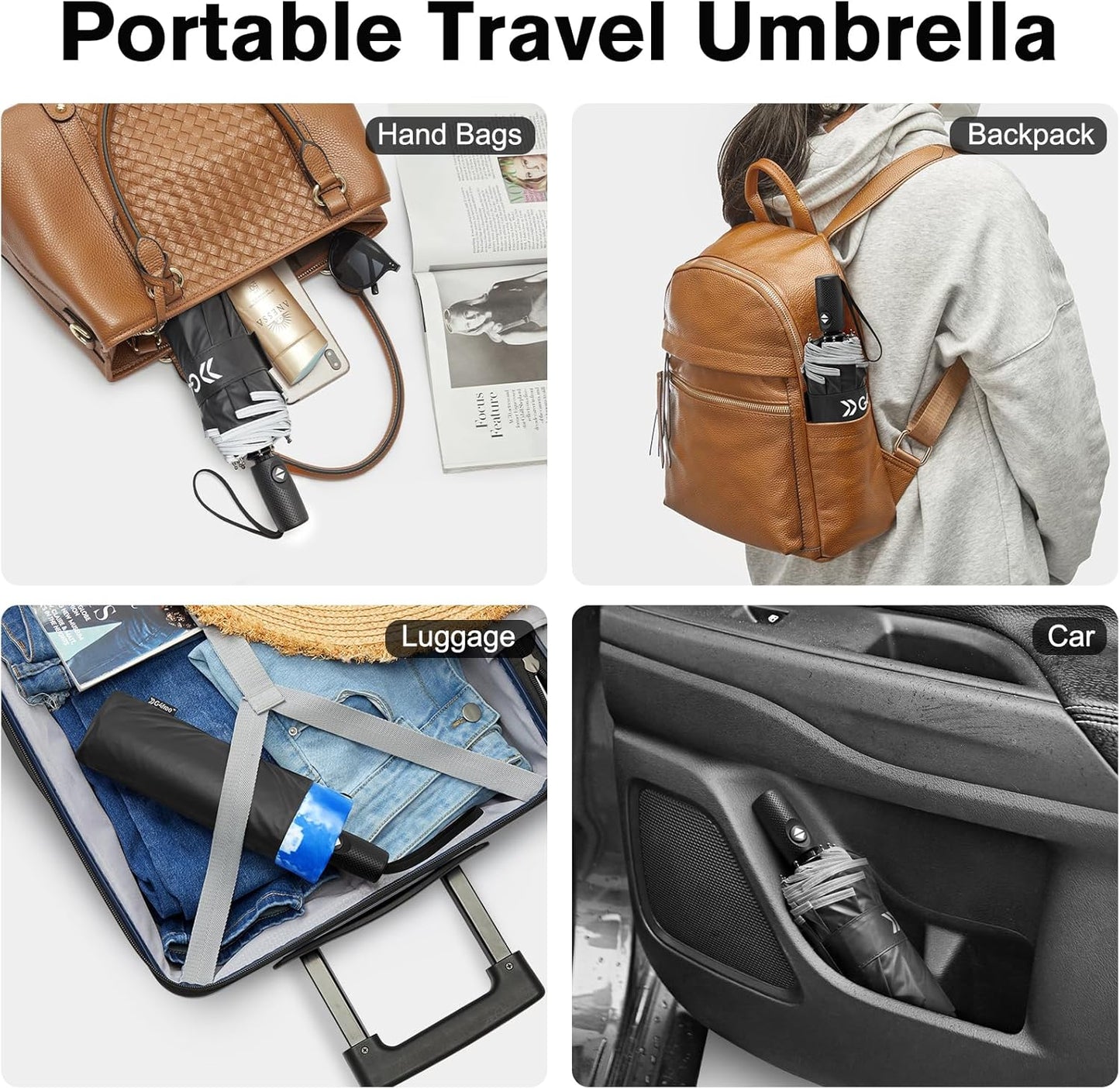 G4Free 42 Inch Eco Windproof Folding Umbrella for Rain & Sun 9 Ribs Wind Resistant Strong Fiberglass Double Canopy with Reflective Strip for Women Men Auto Open Close For Car & Backpack