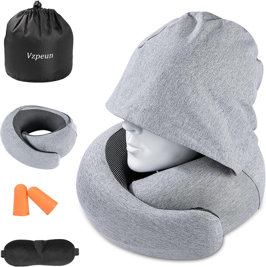 Travel Pillow - Hooded Neck Pillow Airplane Memory Foam Filling for Plane, Office, Cars Sleeping, Road Trip, Long Flights, Portable Plane Accessories, Includes Eye Mask & Earplugs (Light Gray)