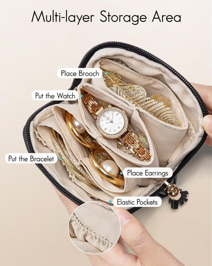 Vlando Small Jewelry Travel Case,Jewelry Pouch Bags with Zipper,Velvet Jewelry Organizer Storage Bag for Bracelet Rings Earring Travel Essentials Gifts for Women Girl-Black