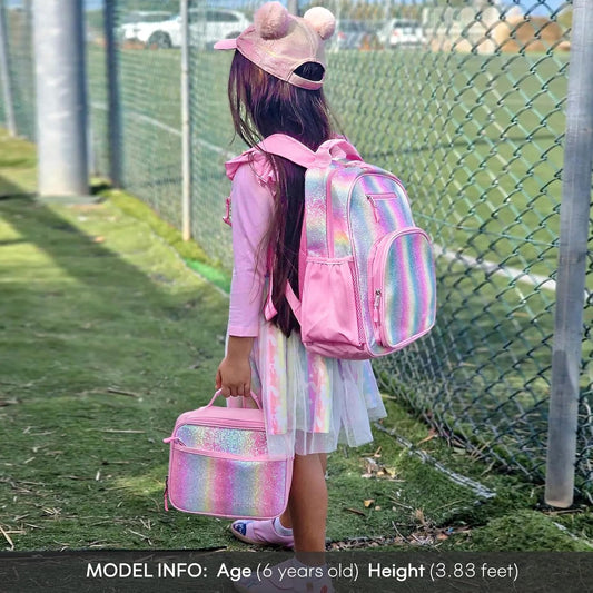 mibasies Girls Backpack 5-8: Glitter Kids Backpacks for Girls - Girl Bookbag for Elementary School - Rainbow Pink