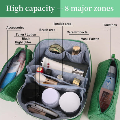 BOYATU Travel Makeup Bags for Women: Large Cosmetic Organizer Bag - Vegan Leather Make up Bag Set of 3 - Protable Toiletry Bags with Compartments (L19 Green)